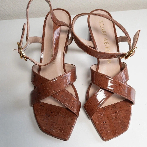 Stuart Weitzman Analeigh 75mm Cappuccino Cork Sandal Heels Size 10 - Picture 3 of 11